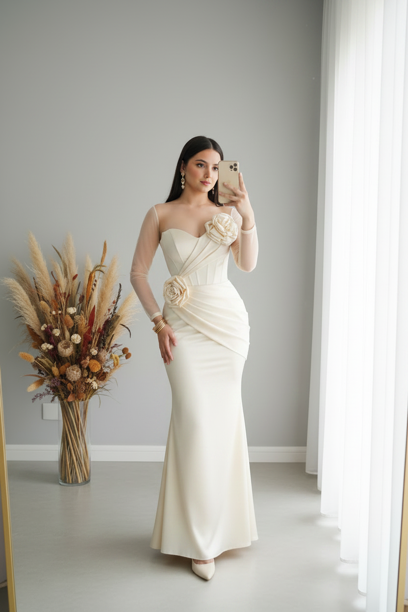 Vestido Marfil Manga Tul Asimétrica Dos Rosas D cod.V425