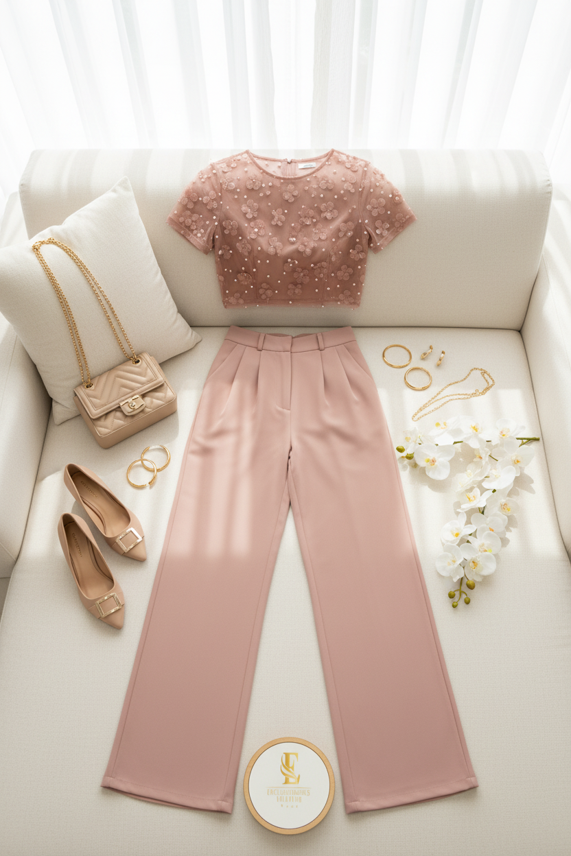 Conjunto Premium nude Pink : Top Crop con Flores 3D y Perlas + Pantalón Pierna Ancha cod.312