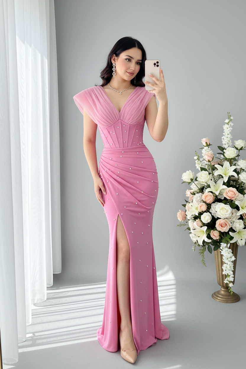 Vestido Maxi Rosa Fucsia Sirena con Mangas Puff y Perlas cod.V858