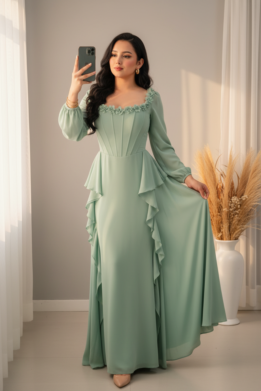Vestido Verde Salvia Corset Cuello Cuadrado Flores D cod.00167