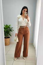 Conjunto 2 Piezas Top Blanco Rosa 3D Manga Larga y Palazzo Terracota cod.00138