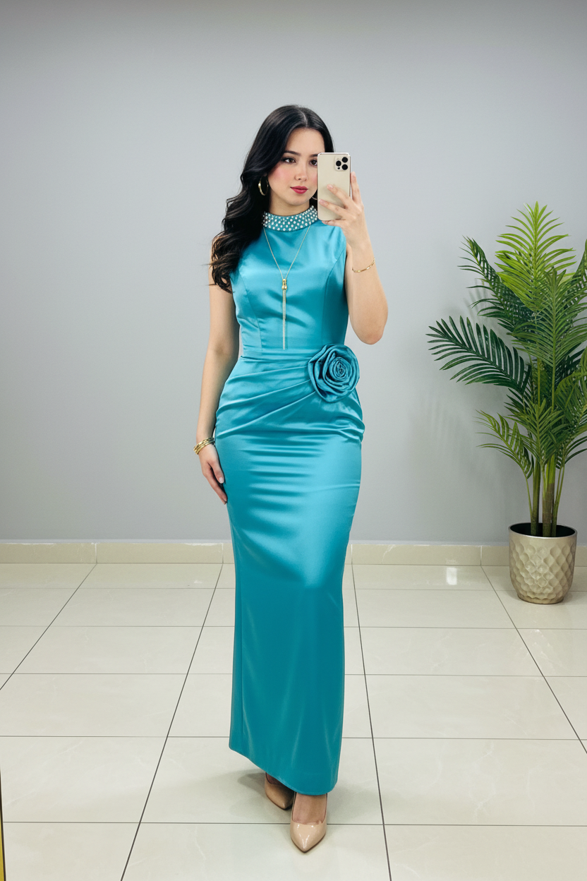 Vestido de Gala Turquesa con Perlas y Rosa 3D - Elegante Largo Sirena cod.336