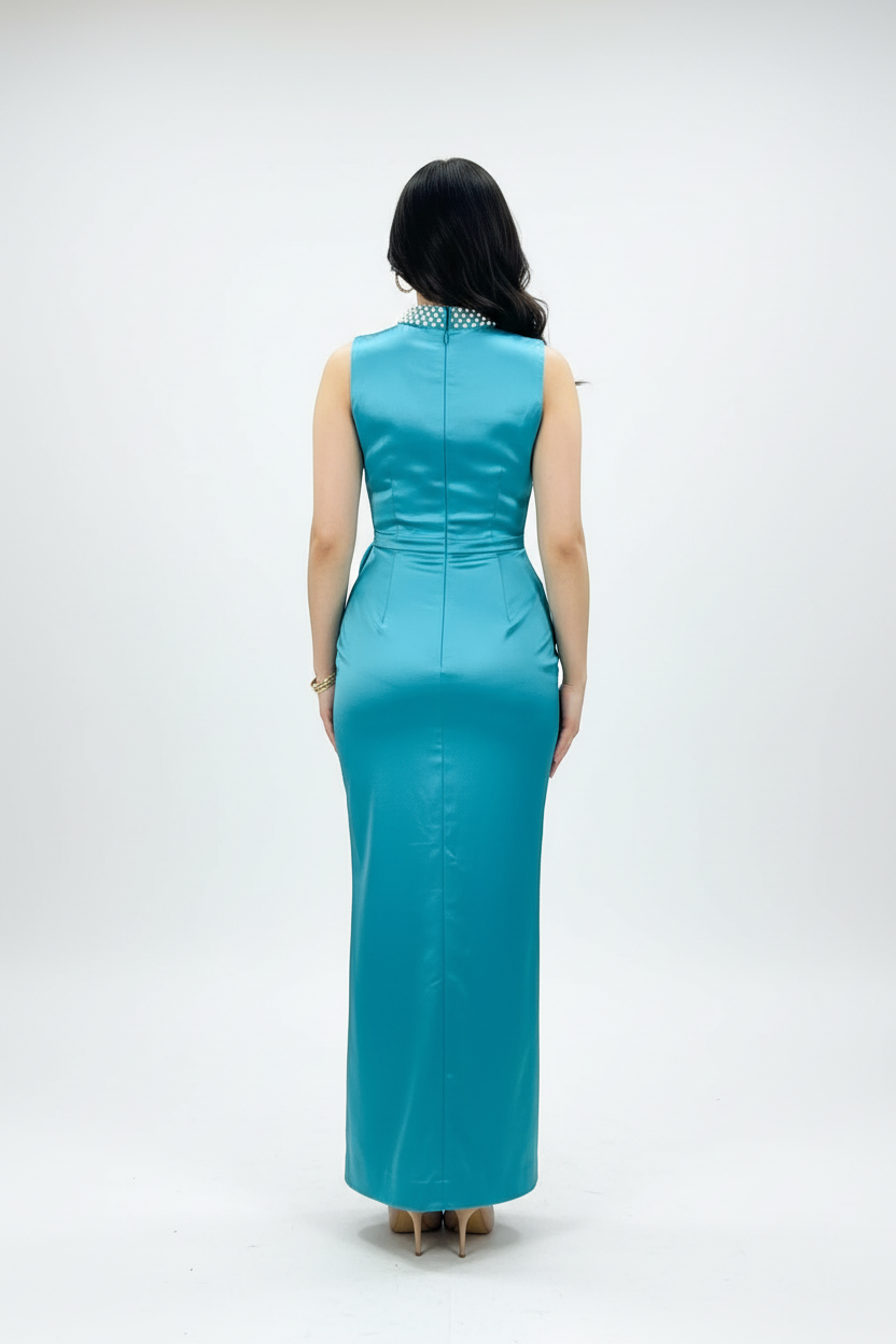 Vestido de Gala Turquesa con Perlas y Rosa 3D - Elegante Largo Sirena cod.336