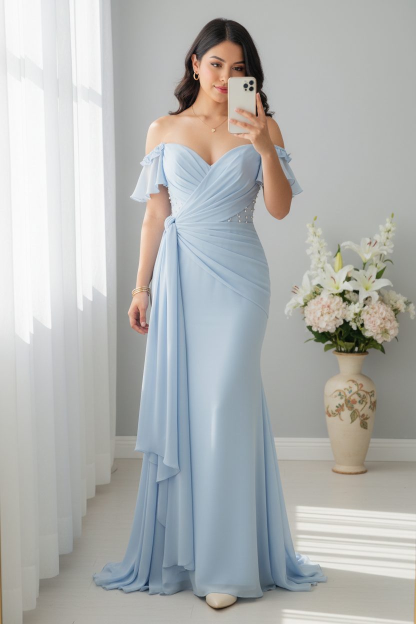 Vestido Sirena Azul Cielo | Off-Shoulder con Volantes, Perlas y Lazo en Gasa cod.V516