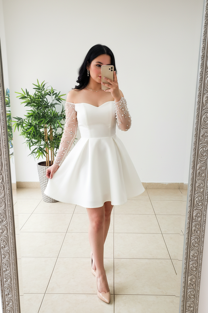 Vestido Corto Blanco Off-Shoulder con Mangas de Tul y Perlas cod.516