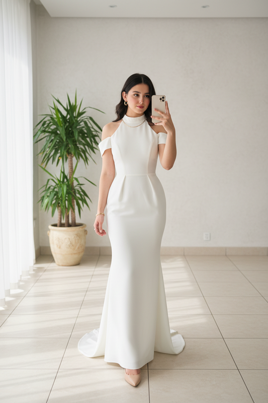Vestido White Halter Cold-Shoulder Sirena cod.571