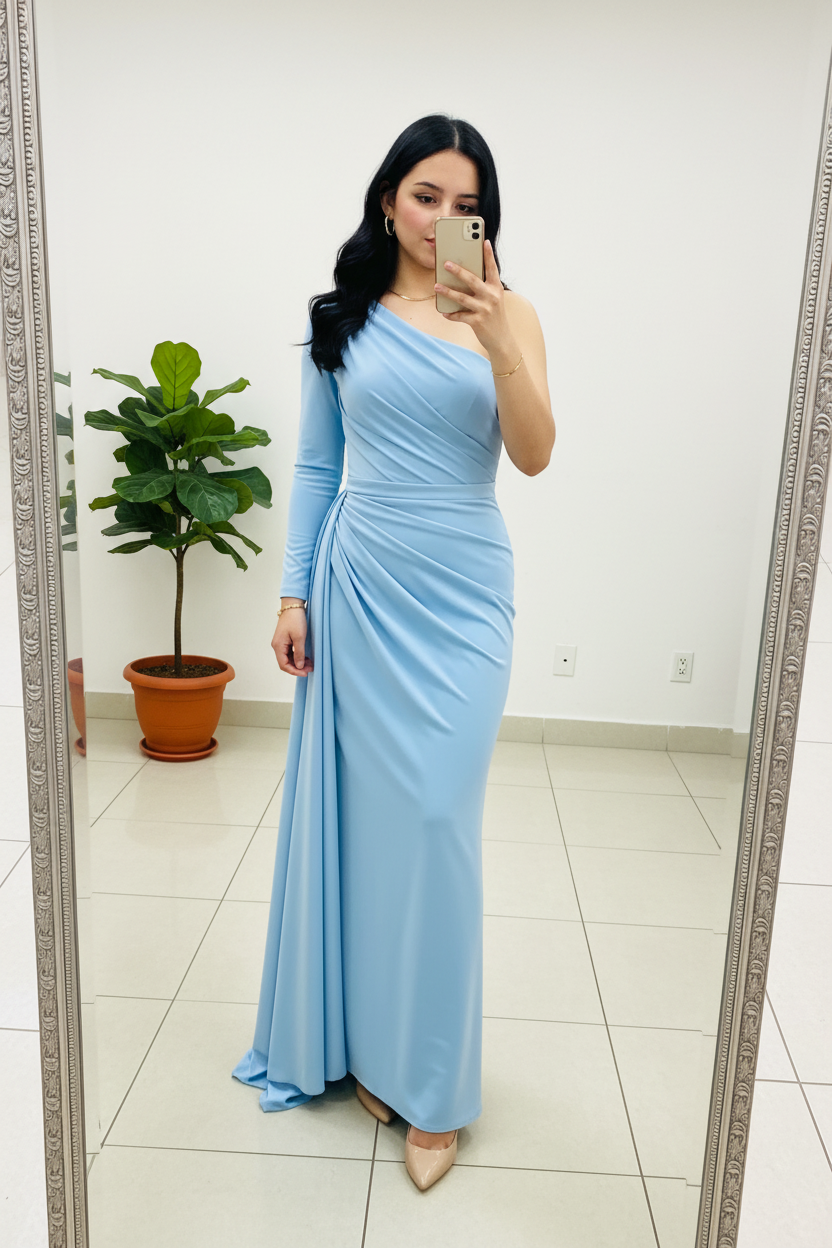 Vestido Largo Azul Cielo Un Hombro Manga Larga con Drapeado y Cola cod.479