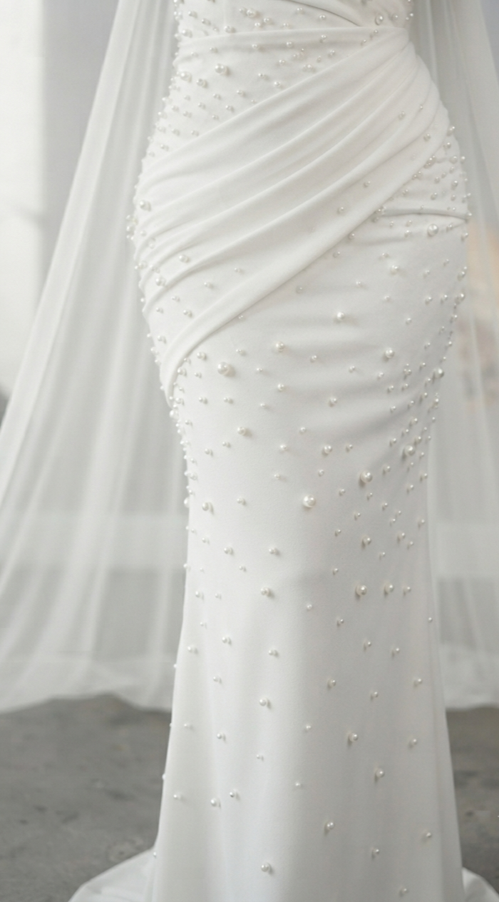 Vestido Sirena Blanco con Perlas y Capa Lateral cod.V808