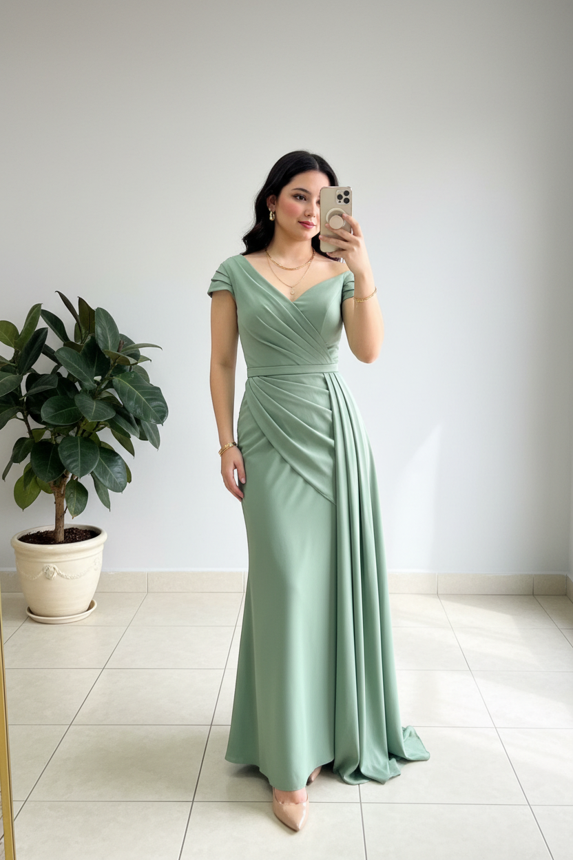 Vestido Formal Verde Salvia Off-Shoulder con Drapeado y Cola cod.517