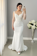 Vestido Nupcial Blanco Sirena Manga Larga de Tul con Perlas y Flores 3D cod.V967