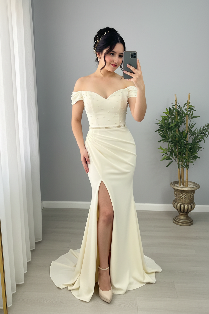 Vestido Marfil Sirena Off-Shoulder con Perlas Dispersas y Abertura cod.0074