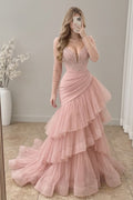 Vestido largo rosa empolvado con pedrería, tul en capas y cola cod. VC038