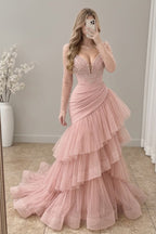 Vestido largo rosa empolvado con pedrería, tul en capas y cola cod. VC038