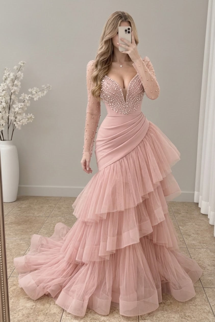 Vestido largo rosa empolvado con pedrería, tul en capas y cola cod. VC038