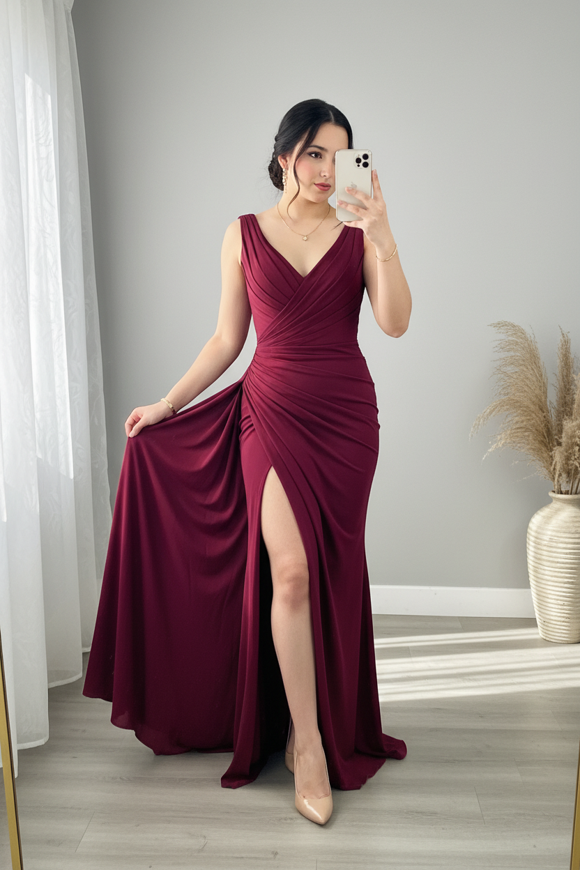 Vestido Largo Vino Borgoña — Escote V Cruzado, Drapeado Frontal & Abertura Lateral cod.890