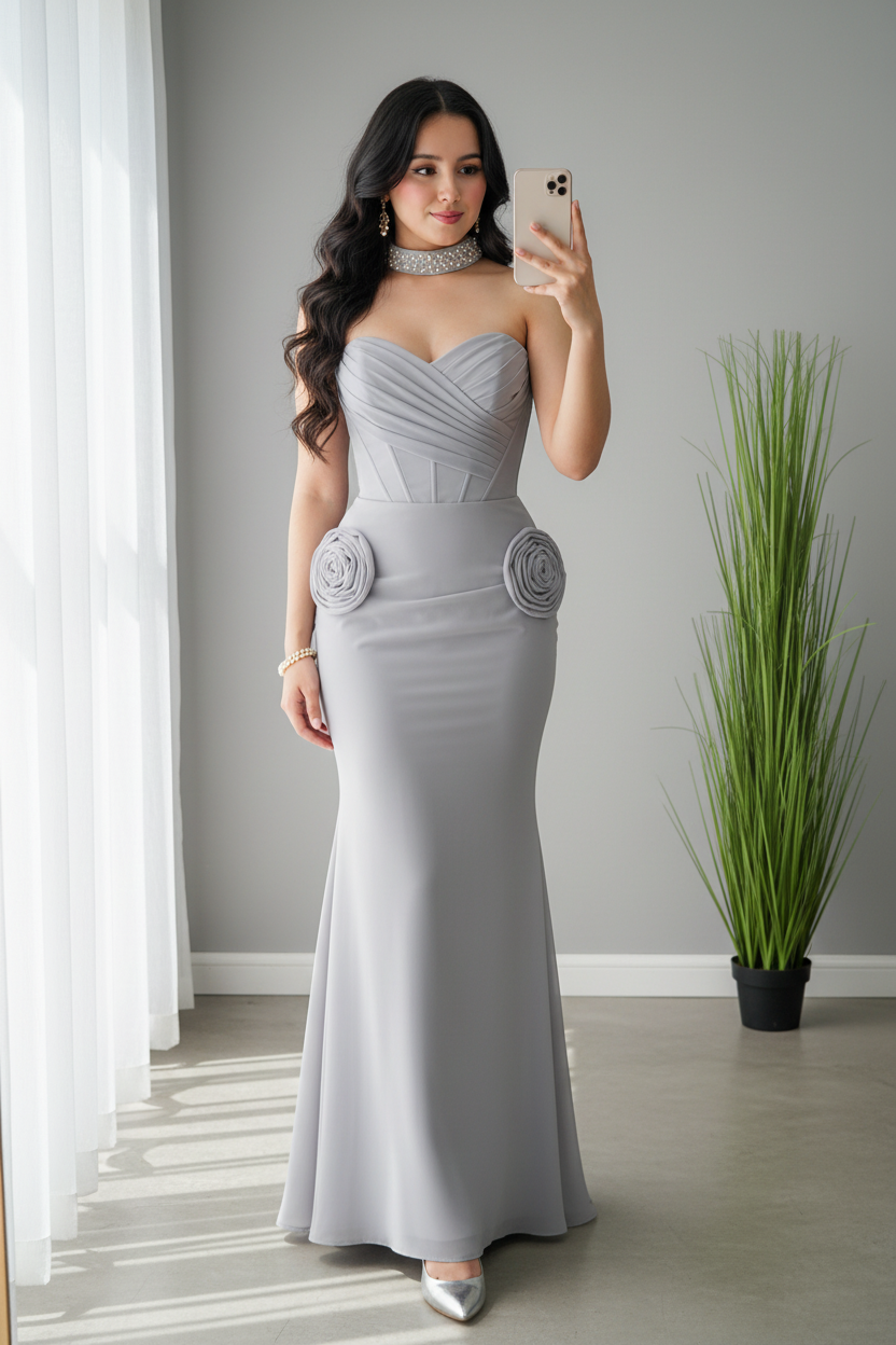 Vestido Gris Plata Strapless Corset Rosas 3D Sirena cod.V699