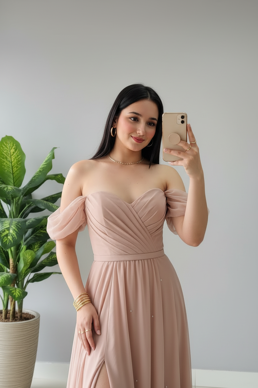 Vestido Rosa Blush Off-Shoulder con Mangas Globo y Abertura Lateral cod.373