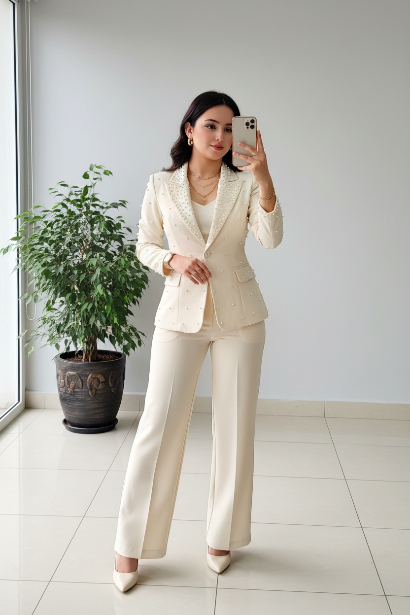 Conjunto Ivory: Blazer con Perlas Dispersas y Pantalón Recto  cod.413