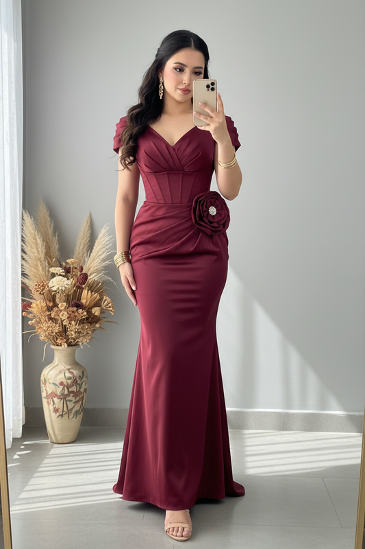 Vestido Sirena Borgoña con Rosa 3D y Corset