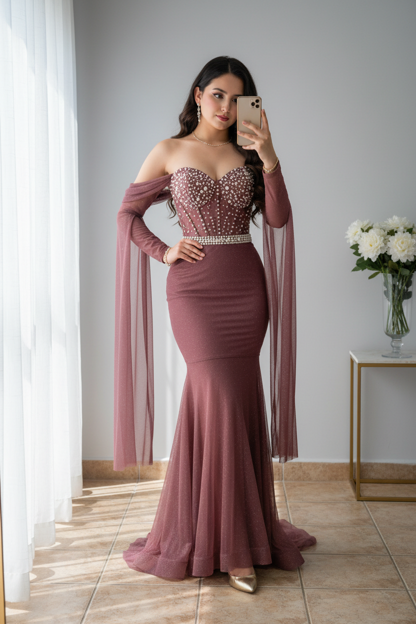 Vestido Gala Rosa Palo Sirena Corset Perlas Cristales Mangas Capa Tul cod.V0035