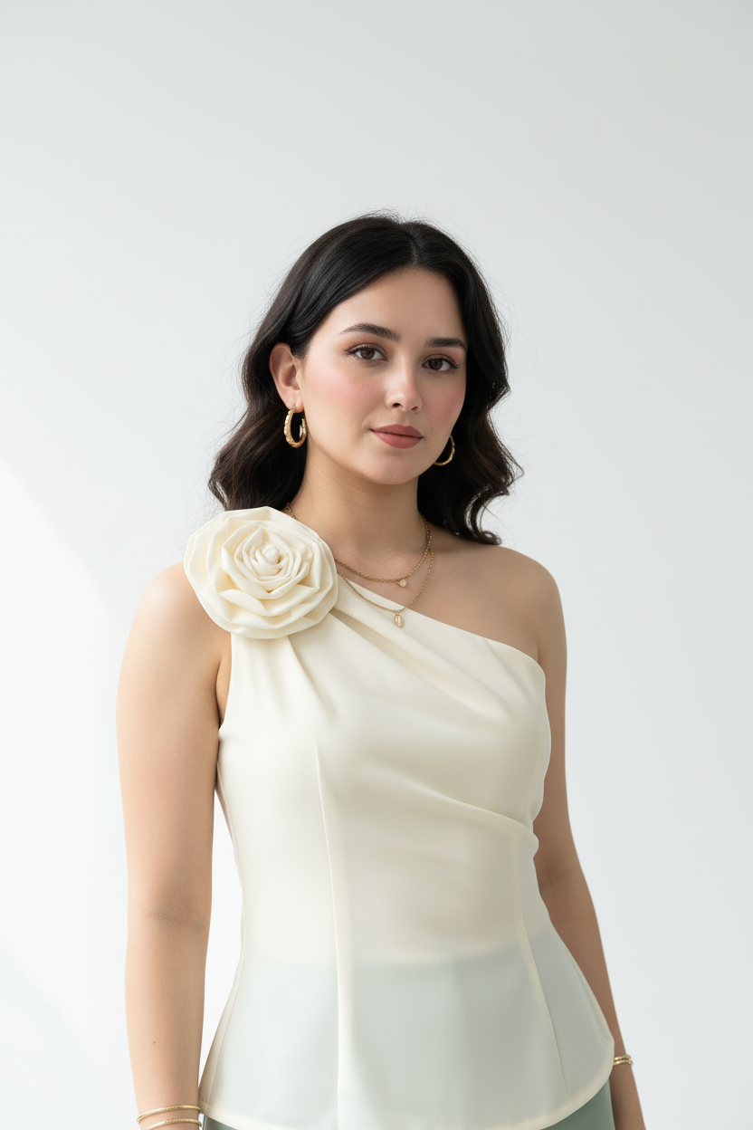 Blusa Elegante Marfil Asimétrica con Rosa 3D - Un Hombro Sofisticada cod.327