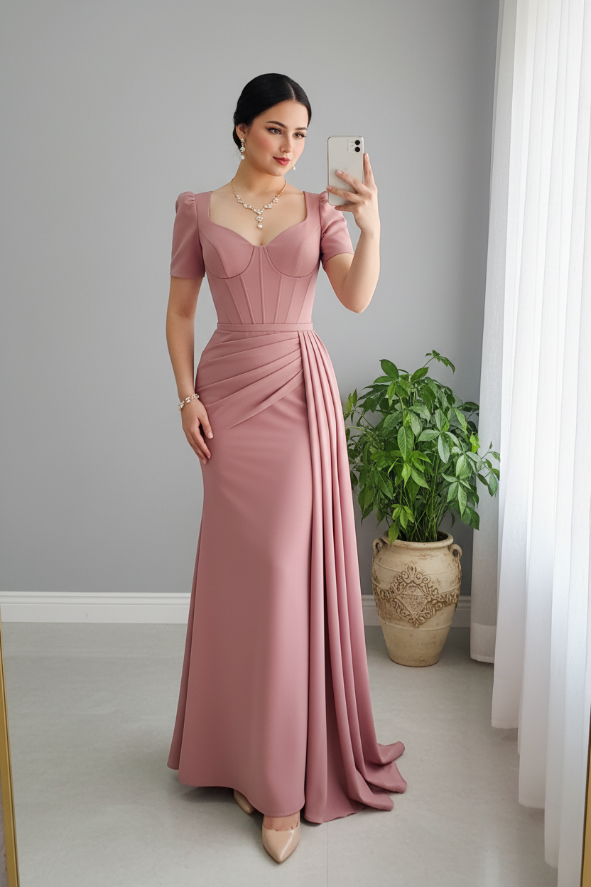 Vestido Sirena Rosa Palo — Corset Ballenas, Escote Corazón & Drapeado Lateral cod.883