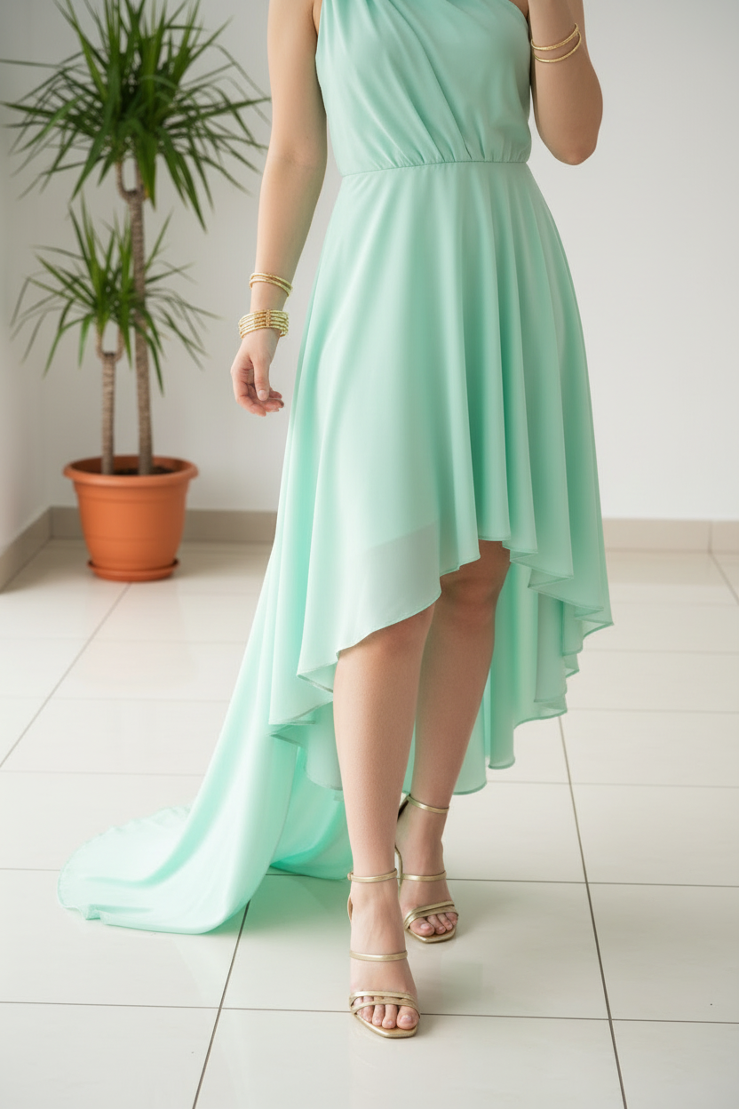Vestido Verde Menta Un Hombro con Rosa 3D y Falda High-Low Chifón cod.454