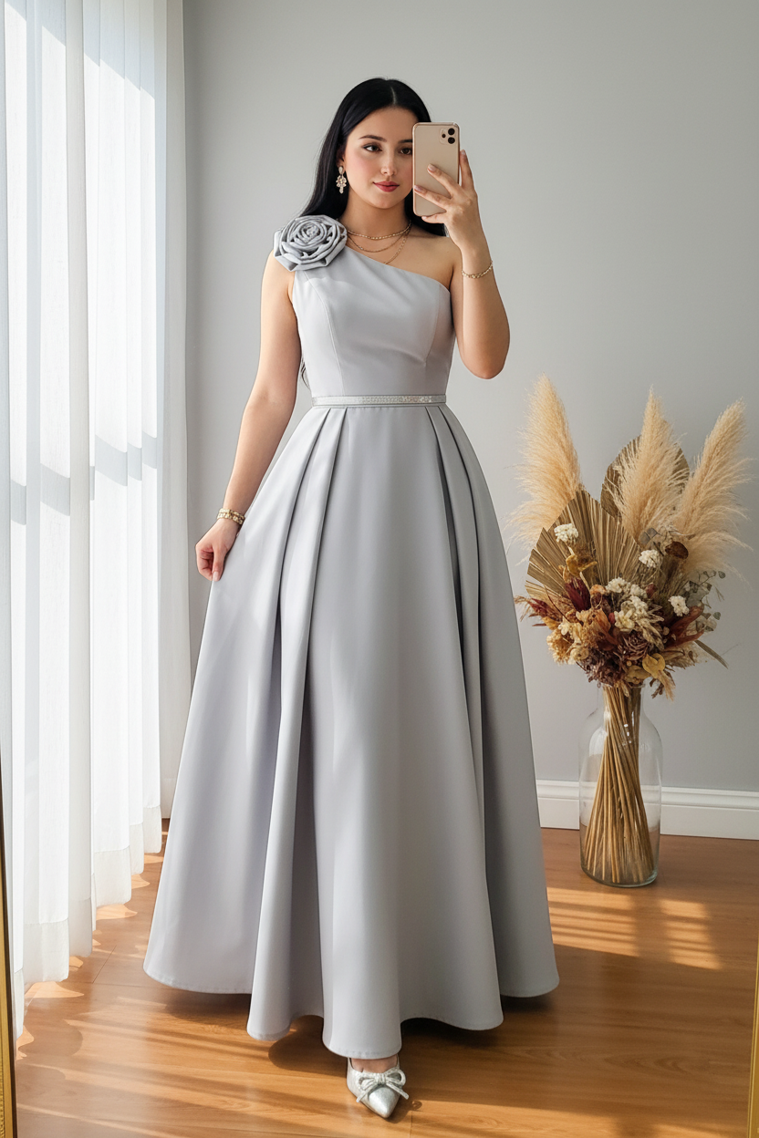Vestido Gris Hombro Asimétrico Rosa D cod.162