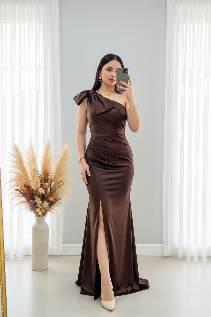 Vestido Chocolate One-Shoulder Moño cod.V423