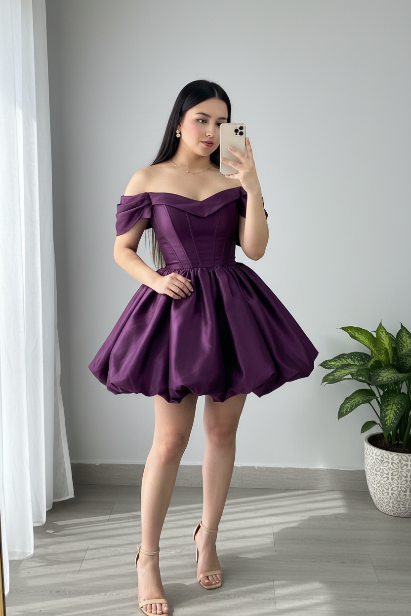 Vestido Morado Uva Off-Shoulder Corsé con Falda Bubble cod.975