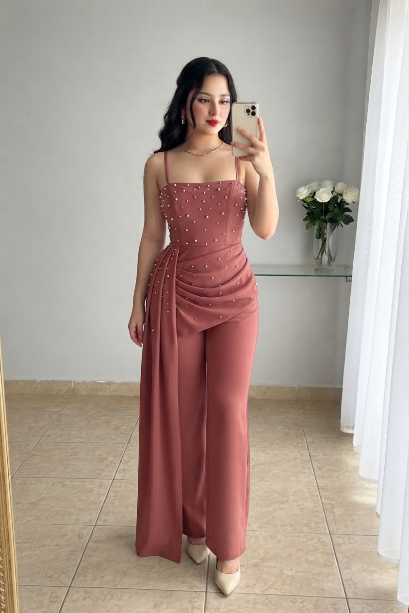 Enterizo Rosa Terracota Bustier Perlas Drapeado Lateral Pantalón Recto cod.E0005