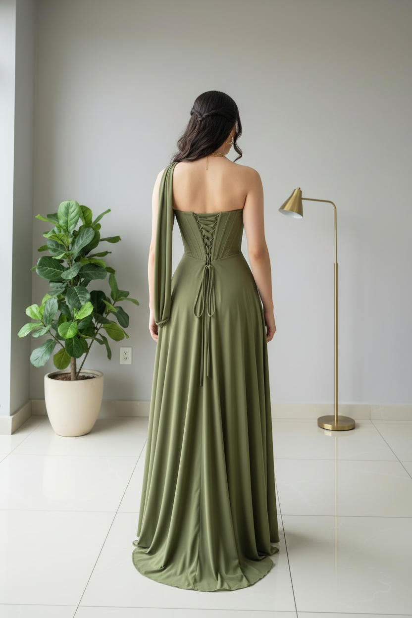 Vestido de Gala Verde Olivo con Corsé Estructurado y Capa Drapeada - Elegante A-Line Largo cod.364