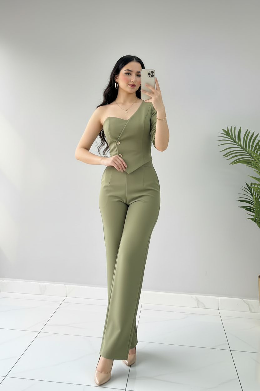 Conjunto Olive Chic – Top Asimétrico Un Hombro & Pantalón Palazzo cod.667