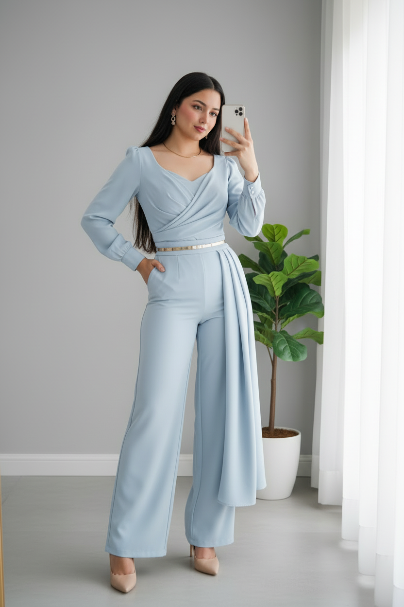 Conjunto Sky Blue Palazzo – Top Cruzado Drapeado Manga Larga + Pantalón Palazzo cod.694