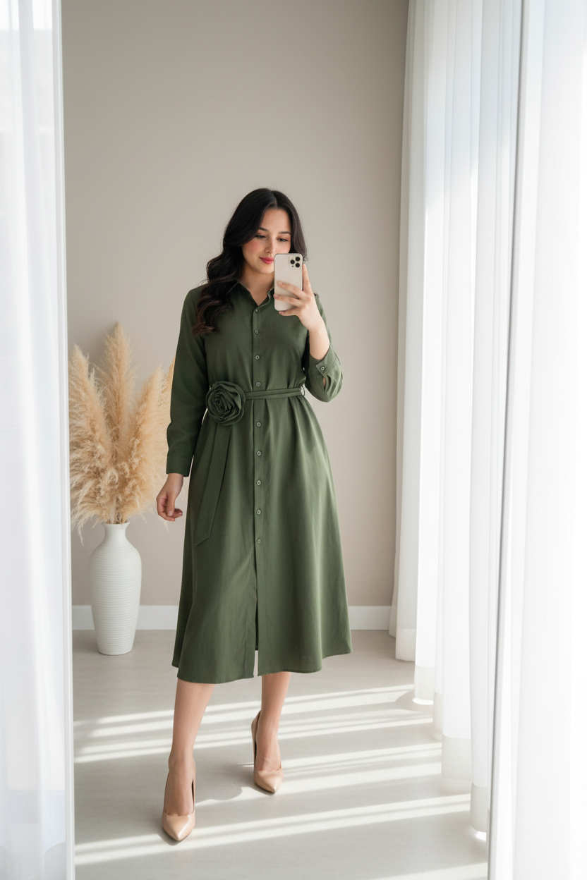 Vestido Camisero Verde Olivo Rosa D cod.0086