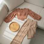 Pantalón Palazzo Beige de Tiro Alto con Pierna Ancha Recta cod.384