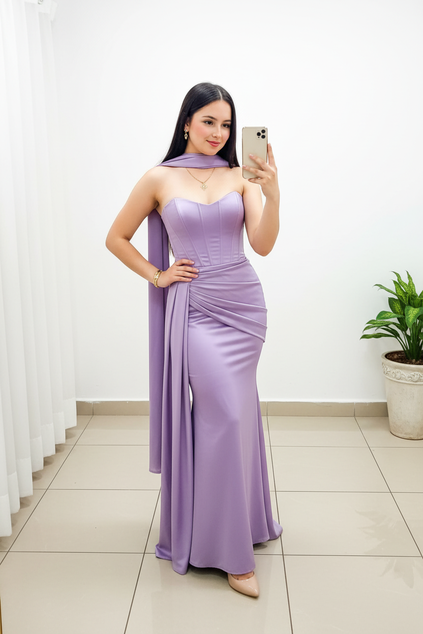 Vestido Lila · Sirena Satén con Estola cod.V268