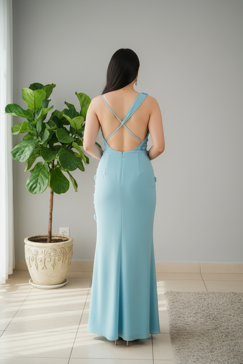 Vestido Azul Cielo One Shoulder con Flores 3D y Perlas cod.370