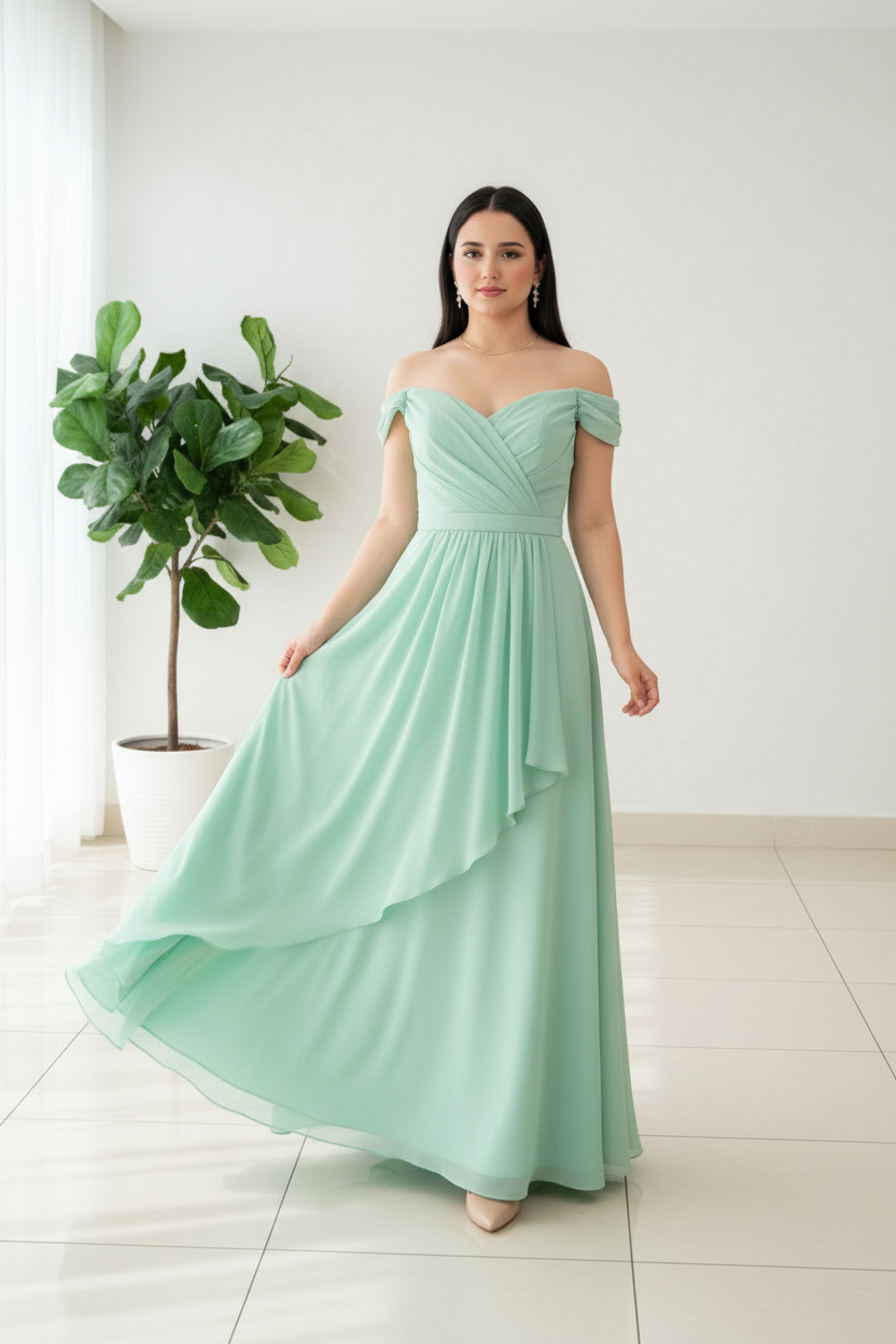 Vestido Largo Verde Menta Off-Shoulder con Volante Asimétrico cod.427