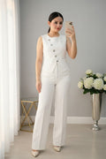 Conjunto Dos Piezas Blanco Chaleco Sin Mangas Botones de Cristal y Pantalón Palazzo cod.C966