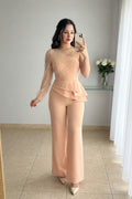 Enterizo Melocotón Tul Perlas Manga Larga Peplum Pantalón Recto cod.E0002