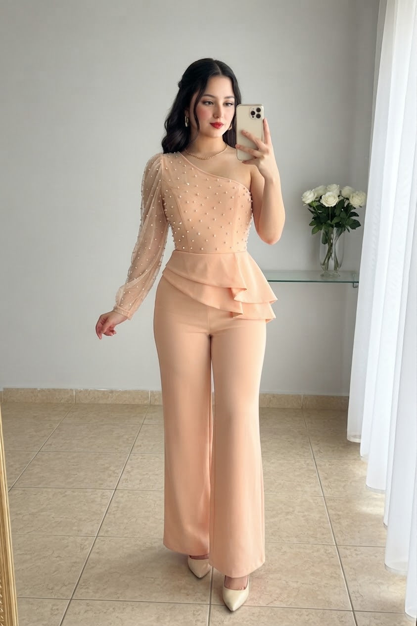 Enterizo Melocotón Tul Perlas Manga Larga Peplum Pantalón Recto cod.E0002