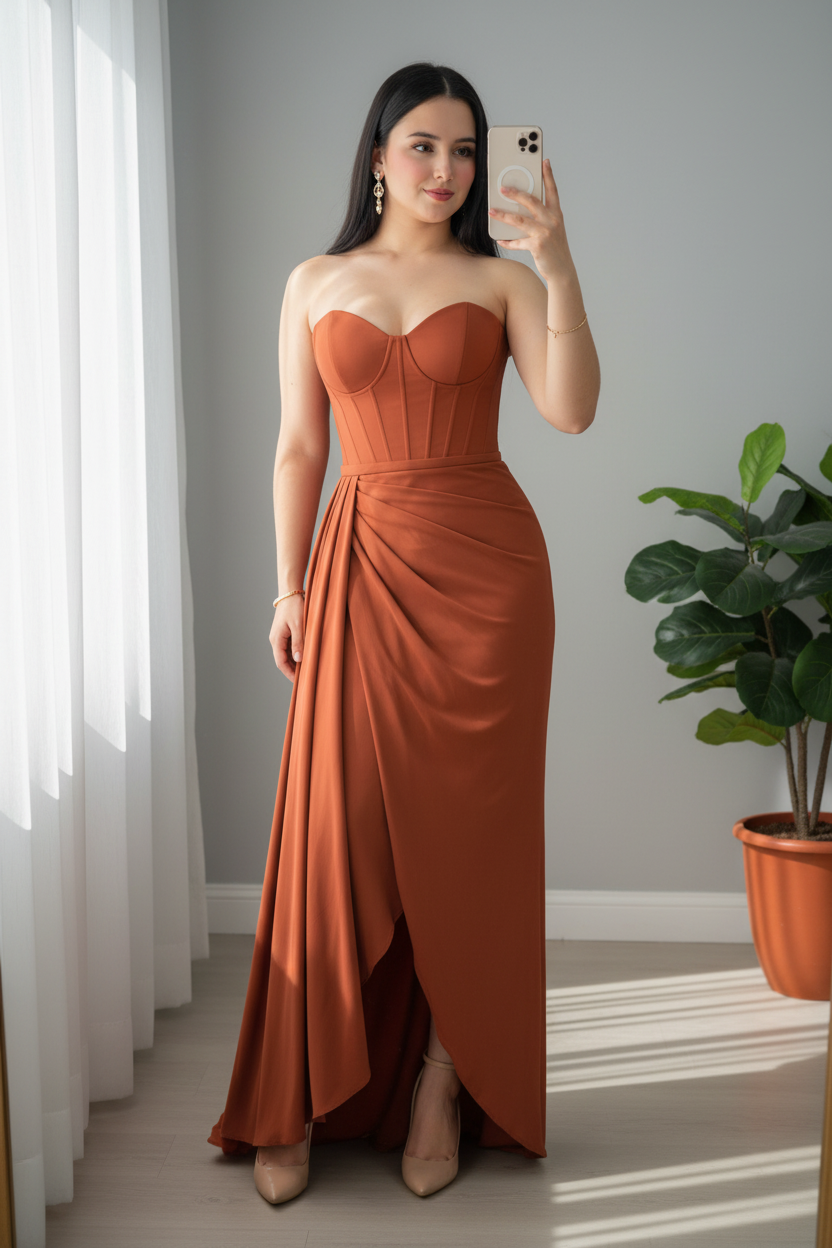 Vestido Corset Terracota con Falda Drapeada cod.0060