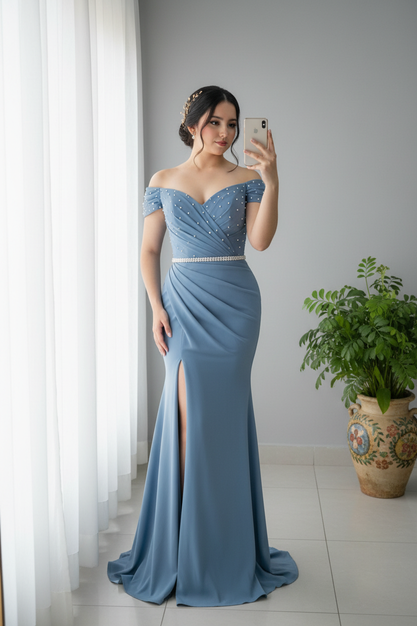 Vestido Azul Acero Sirena Off-Shoulder con Perlas y Abertura cod.0073