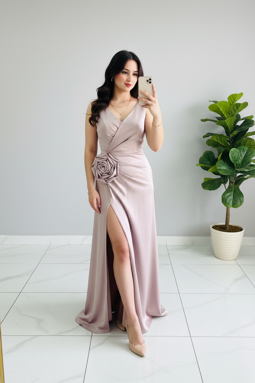 Vestido Rosa Palo con Rosa 3D y Abertura cod.403