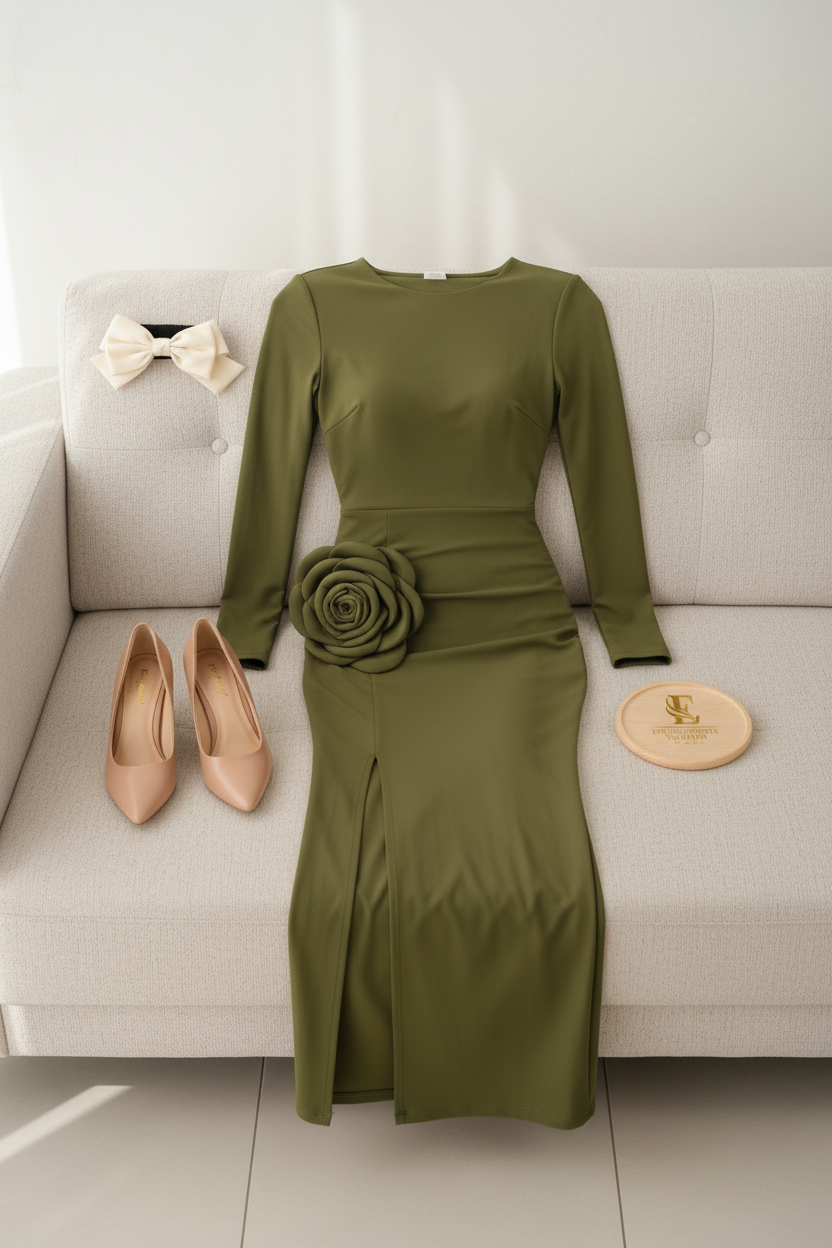 Vestido Largo Verde Olivo Manga Larga con Rosa 3D y Abertura Frontal cod.468