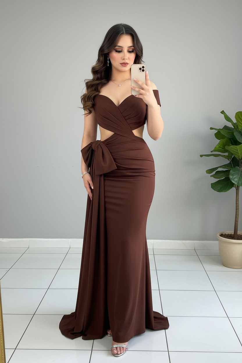 Vestido Formal Chocolate Off-Shoulder con Cutout y Lazo Lateral Falda Sirena cod.542