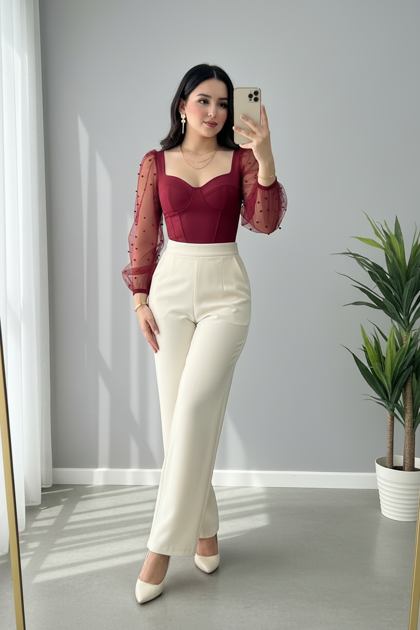 Conjunto Vino Corset con Mangas Tul de Puntos y Pantalón Crema cod.653