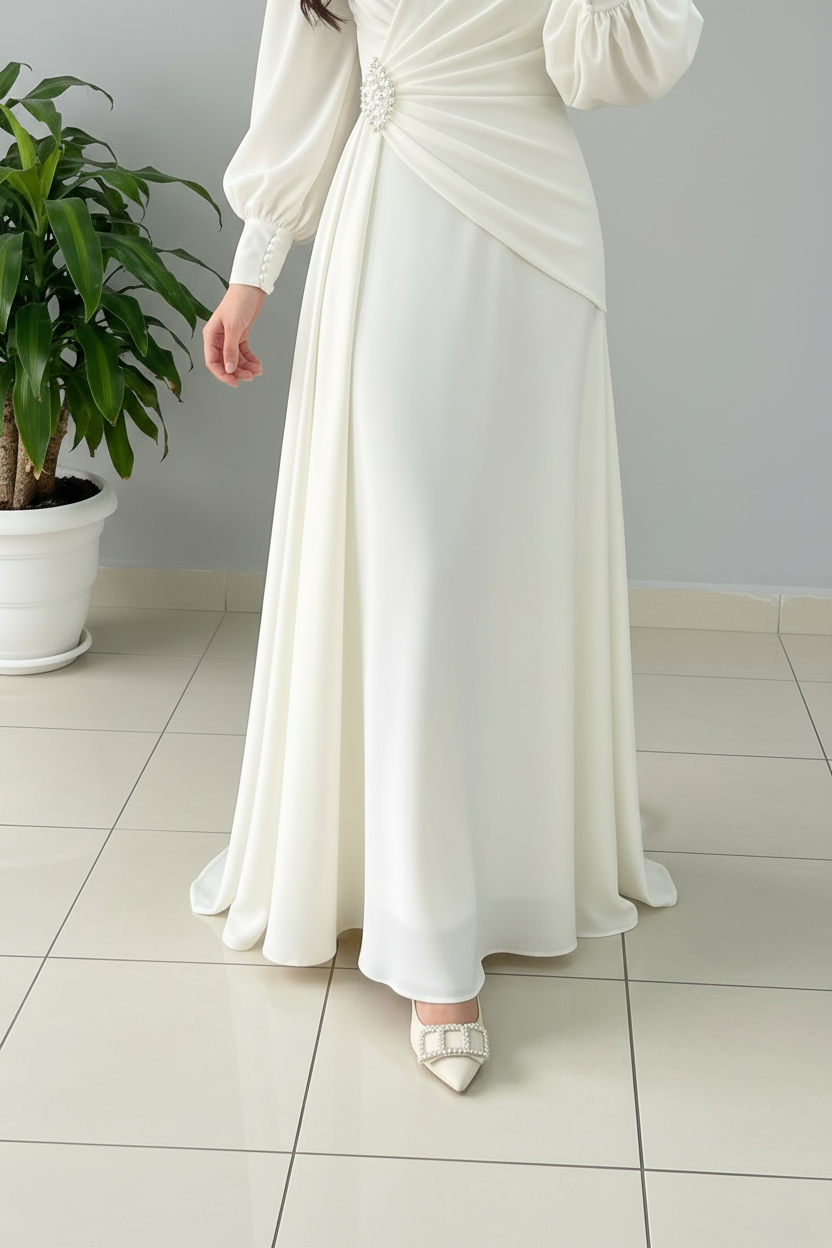 Vestido Blanco Largo Manga Puff con Broche de Perlas y Falda A-Line cod.482