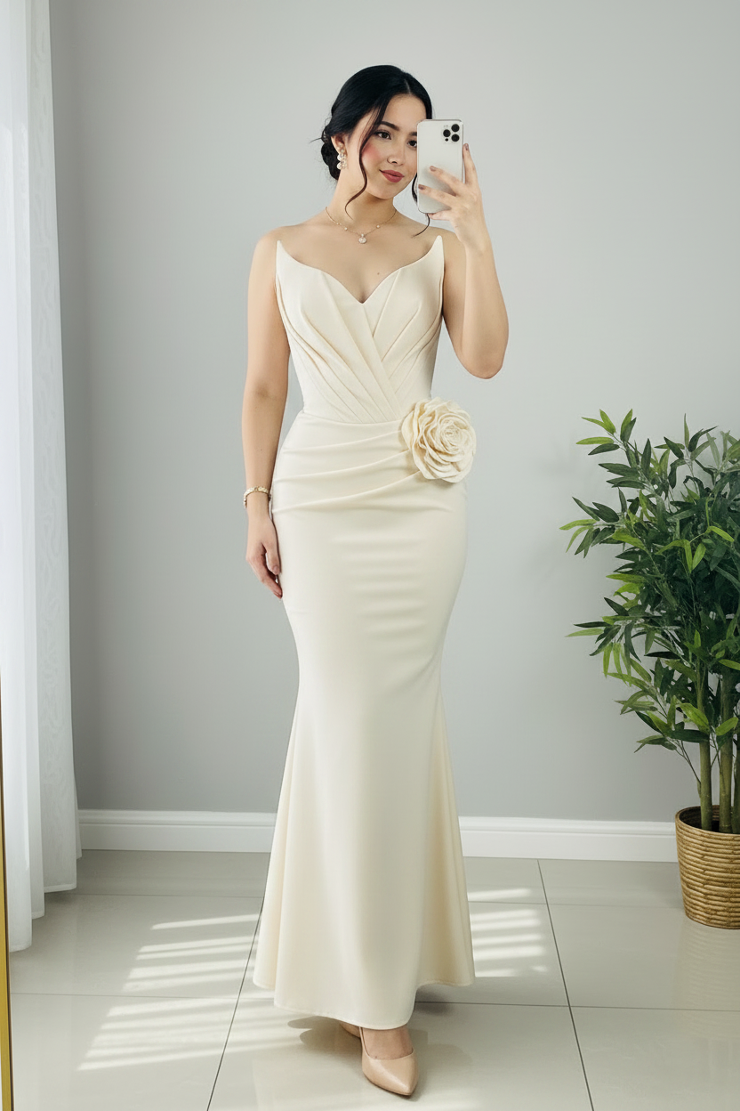 Vestido Sirena Marfil — Escote V, Tirantes Finos, Rosa 3D Cadera & Espalda Corset cod.898
